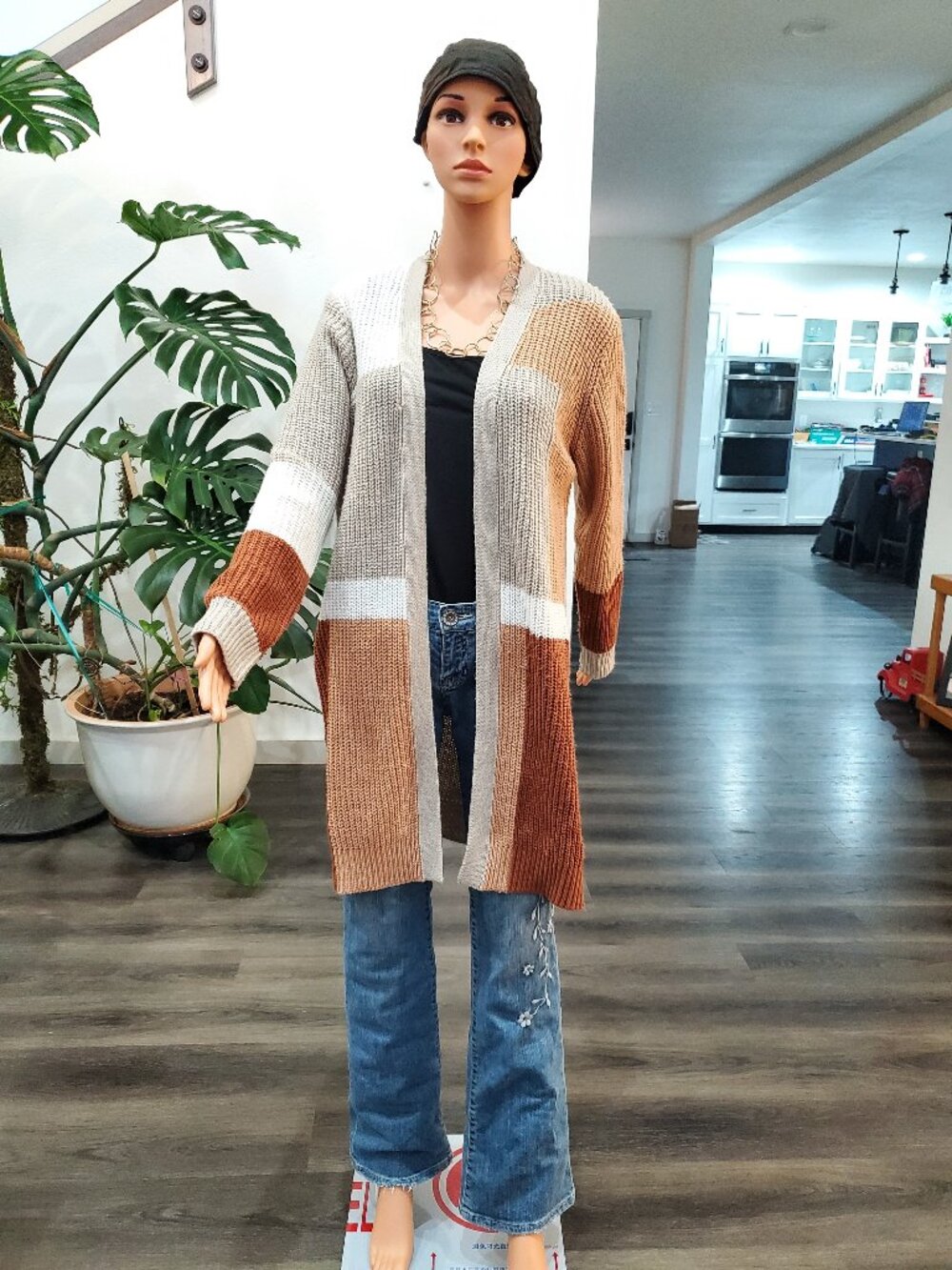 Fortune & Ivy Long Cardigan Large Tan White Brown Open Front